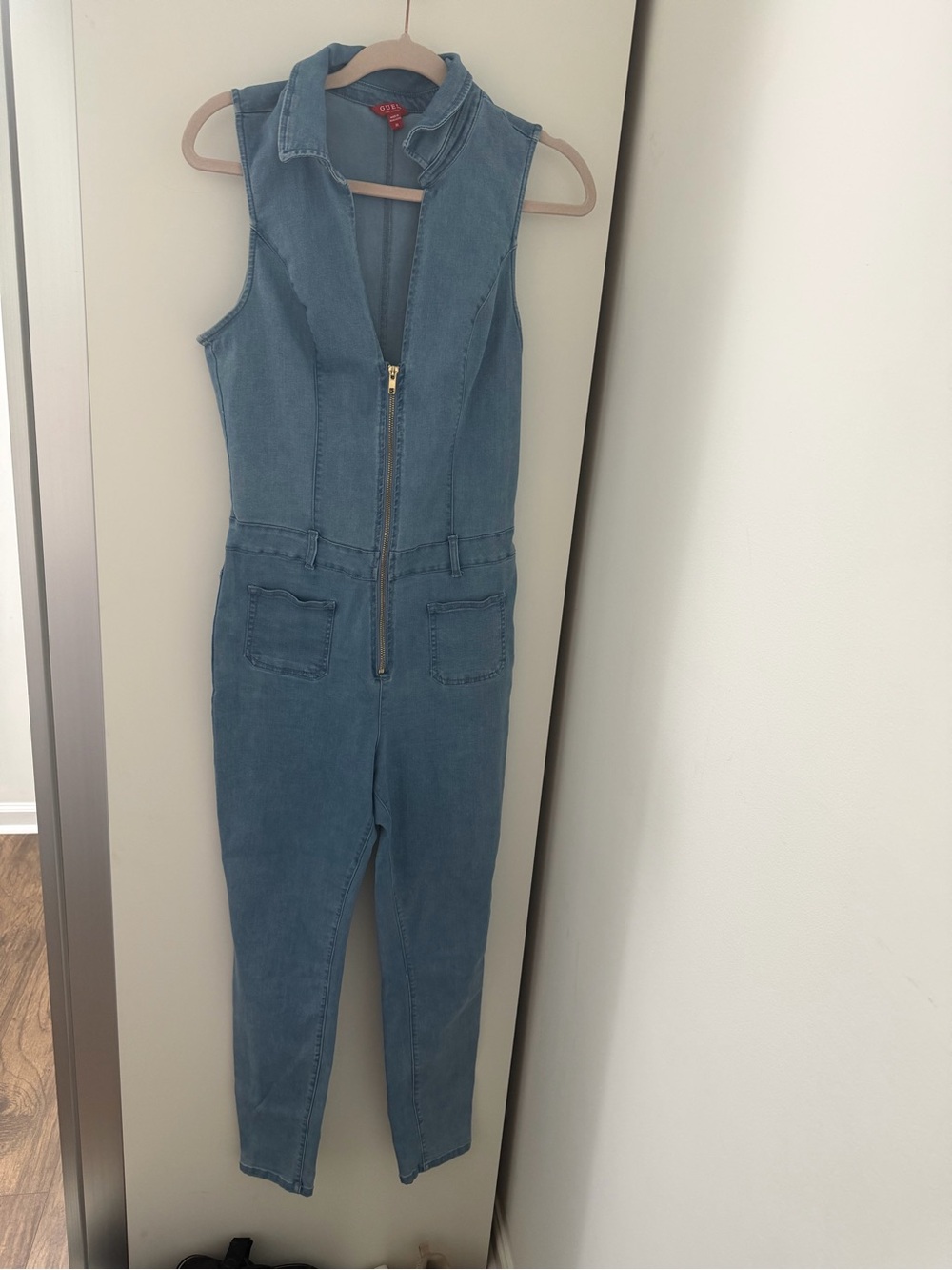 Guess Light Blue Denim Sleeveless Jumpsuit with Front Zip